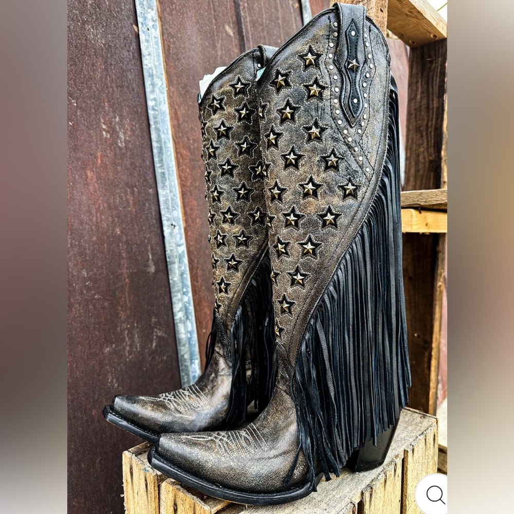 NEW IN BOX - Corral Boots LD Black Stars Inlay & Embroidery & Studs with Fringe